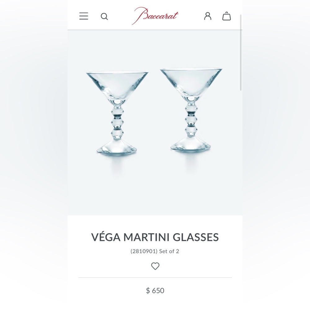 Baccarat Vega Crystal Martini Glasses Pair - NWT